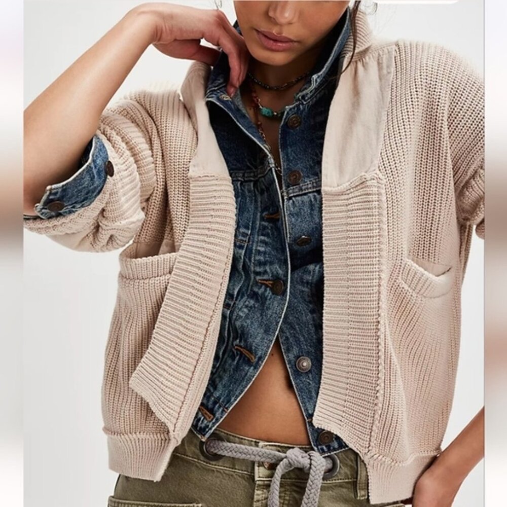 Free People Soft Beige Open-Front Knit Cardigan